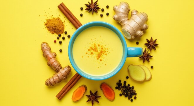 Spiced turmeric latte preparation home kitchen food photography bright yellow background top-down view healthy beverage concept