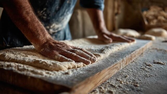 Hands kneading dough on wooden surface