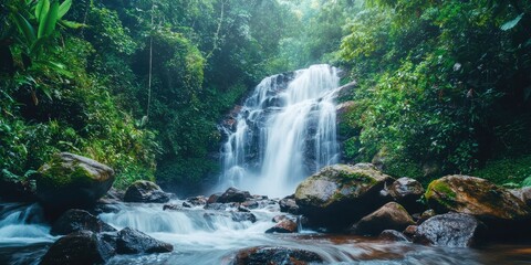 Dense evergreen forest surrounds a thundering waterfall, with clear water splashing over boulders, captured in high detail Stock photo