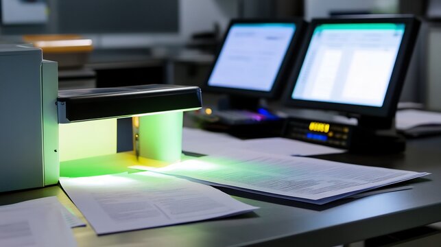 High tech scanning light system used for document processing in an office setting with the bright scanning light moving across papers and digital screens showing captured information