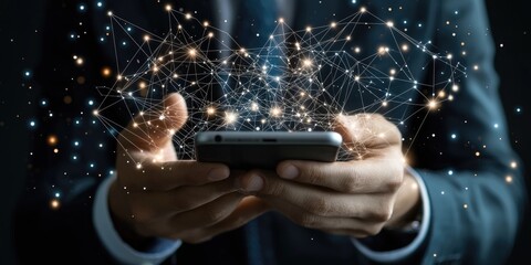 Digital engagement network forming above businessmanâ€™s phone, representing marketing success Stock photo