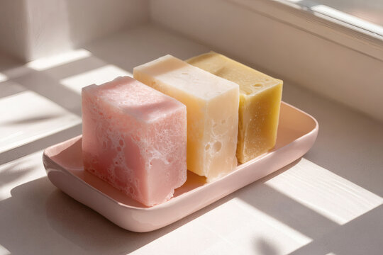 Three bars of artisanal soap in a light pink soap dish bathed in soft sunlight and shadows