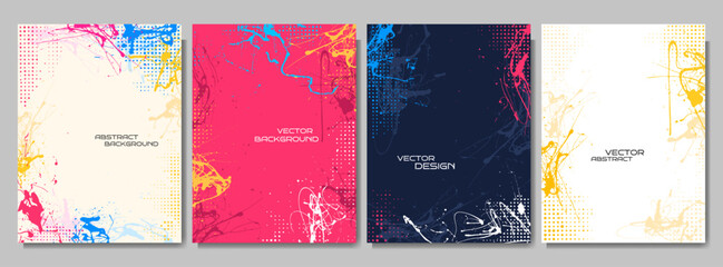 Vector illustration. Hand drawn abstract color banner set. Colorful ink mess with halftone dots. Design for poster, invitation, gift card, coupon, book cover, notebook, flyer. Random paint splatter