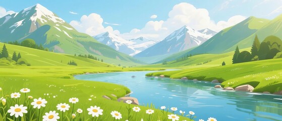 Idyllic Valley with Blooming Flowers and Mountainous Background