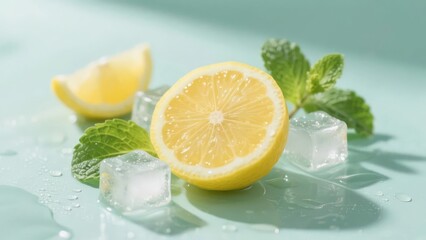 Fresh Lemon Slice with Ice Cubes and Mint Leaves on a Light Background