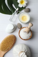 Vertical view of composition with spa products on white surface