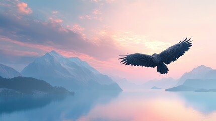 Majestic bird soars above serene mountain lake at sunrise
