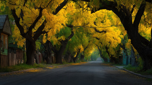 A tranquil street lined with majestic trees showcasing vibrant yellow autumn leaves, creating a picturesque scene with soft light filtering through branches