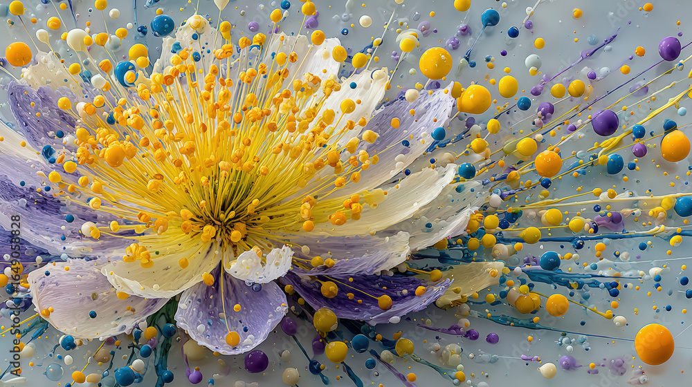 Poster a vibrant explosion of color features a large flower with delicate petals in shades of purple and wh