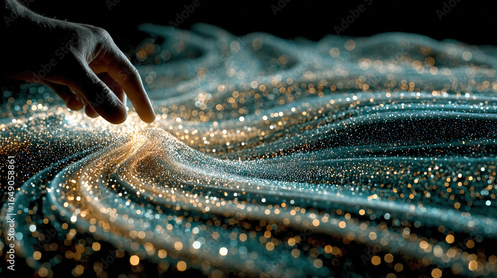 Aufkleber a hand gently touches a shimmering surface filled with sparkling particles and flowing light pattern