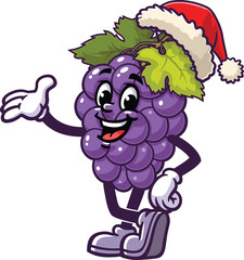 Cartoon mascot of grapes wearing a Christmas hat