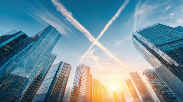 Modern skyscrapers rise toward a blue sky with intersecting jet contrails and sunlight illuminating the cityscape