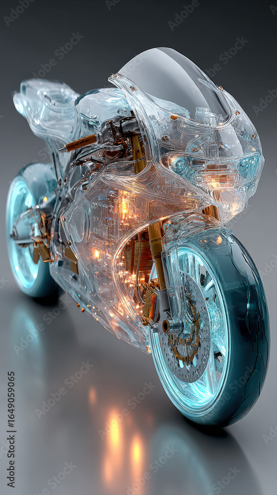 Poster a futuristic motorcycle with a transparent body showing intricate internal components and glowing li
