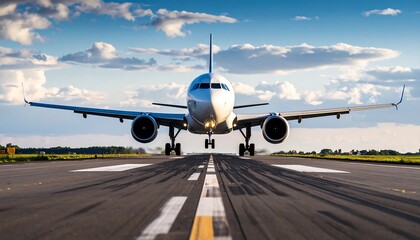 Commercial airplane landing on runway with blue sky and clouds in the background