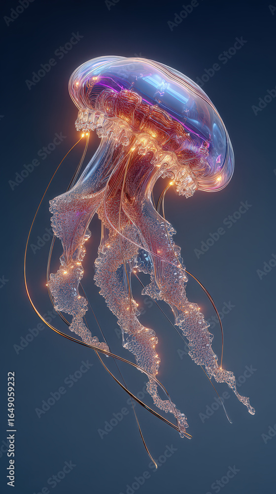 Poster a glowing jellyfish floats against a dark background, showcasing its translucent body and luminous t