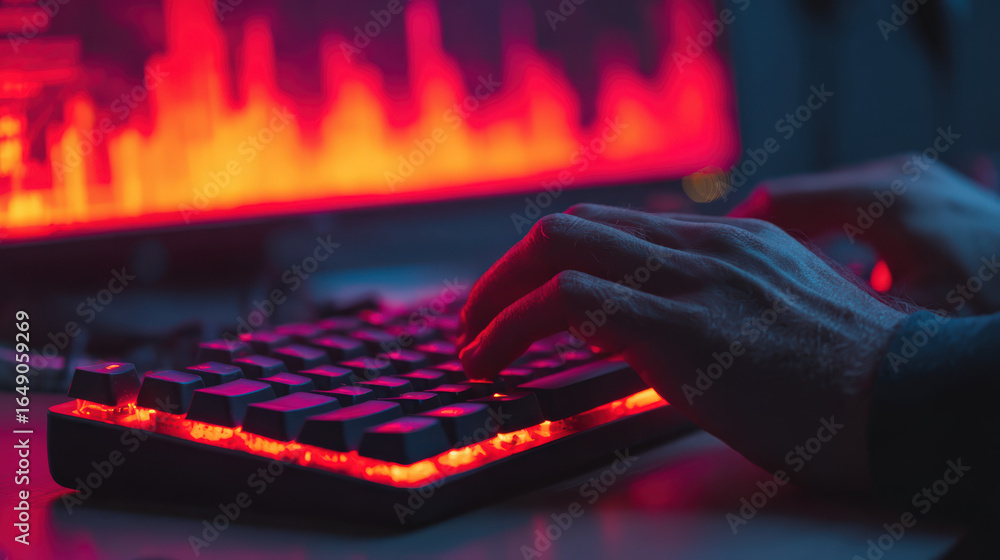 Fototapete a close-up of a person's hands typing on a backlit keyboard, illuminated in red light, set against a