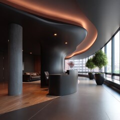 Modern office interior design urban high-rise photography sleek environment wide view contemporary aesthetics