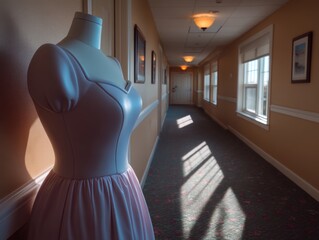 Fashion display in hotel hallway dress form interior design natural lighting perspective view style inspiration