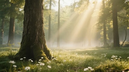 Sunlight filtering through trees in a serene forest with mist and wildflowers