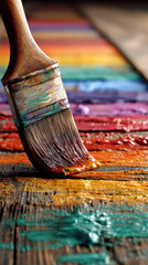 Fototapeta premium A paintbrush with vibrant colors creates artistic strokes on a wooden surface, showcasing a rainbow spectrum of paint in a creative and colorful setting