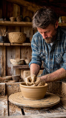 A skilled adult man with a beard and wearing a plaid shirt shapes clay on a potter's wheel in a rustic workshop filled with pottery and tools