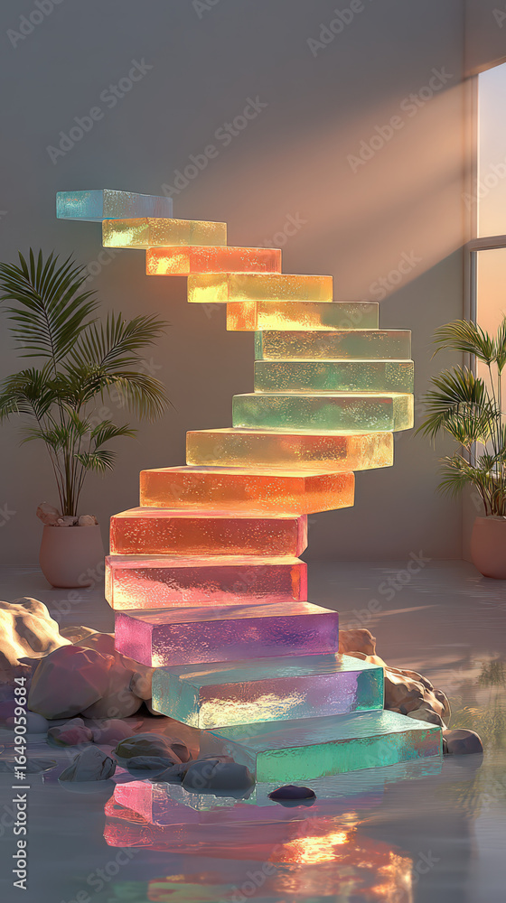Poster a vibrant staircase made of colorful translucent blocks glimmers in soft sunlight, surrounded by lus