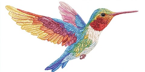 Obraz premium Embroidery style drawing of hummingbird with bright stitched wings, white cloth base Stock photo