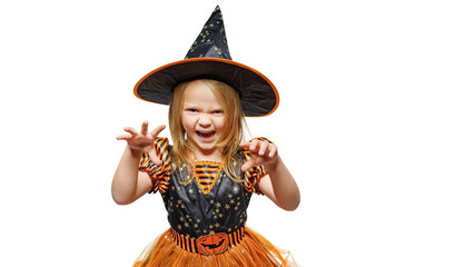 cute little witch girl tries to scare, isolated on free white orange background