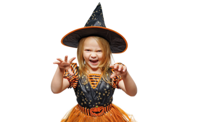 cute little witch girl tries to scare, isolated on free white orange background