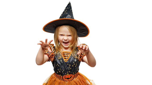 cute little witch girl tries to scare, isolated on free white orange background