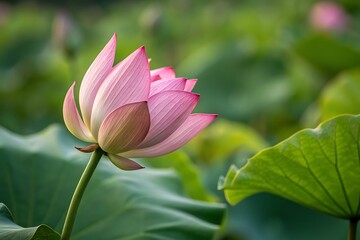 Delicate pink lotus flower bud opening in a serene pond with lush green lily pads