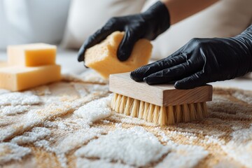Hands in black gloves cleaning a rug with sponges and a brush