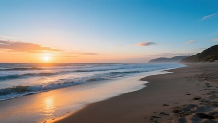 Sunset at the Beach with Gentle Waves and Sandy Shoreline