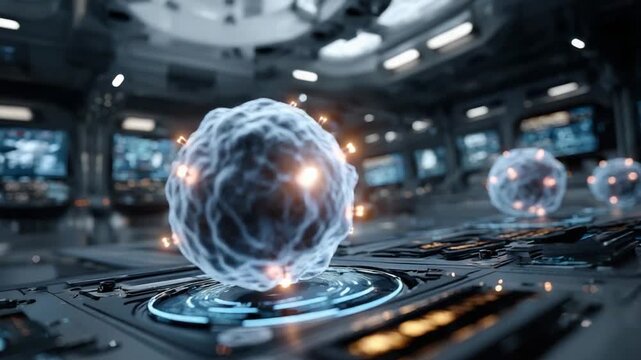 Energy sphere glowing in futuristic control room