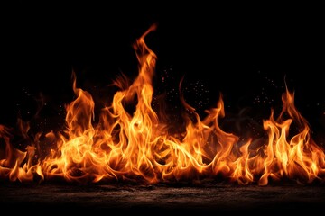 Bright orange flames rise against a dark background, creating a dramatic and intense fire scene with visible sparks and glowing light