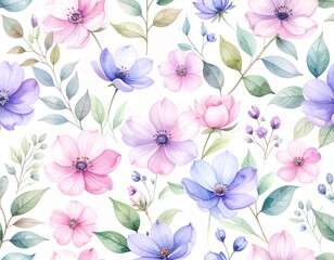 Background, pattern, seamless, watercolor, flowers, delicate, repeated, light, soft, pastel, artistic, decorative, elegant, botanical, nature-inspired, floral, romantic, feminine, spring, vintage, whi