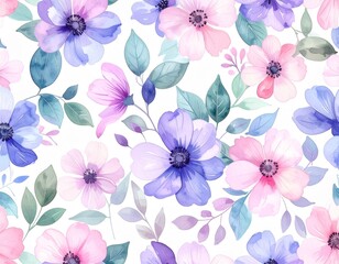 Background, pattern, seamless, watercolor, flowers, delicate, repeated, light, soft, pastel, artistic, decorative, elegant, botanical, nature-inspired, floral, romantic, feminine, spring, vintage, whi