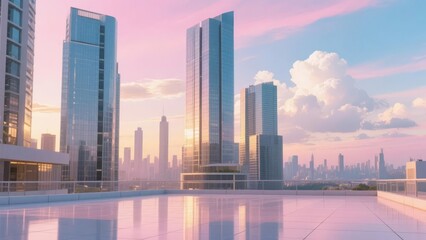 Naklejka premium Modern skyscrapers reflecting a vibrant sunset in an urban skyline