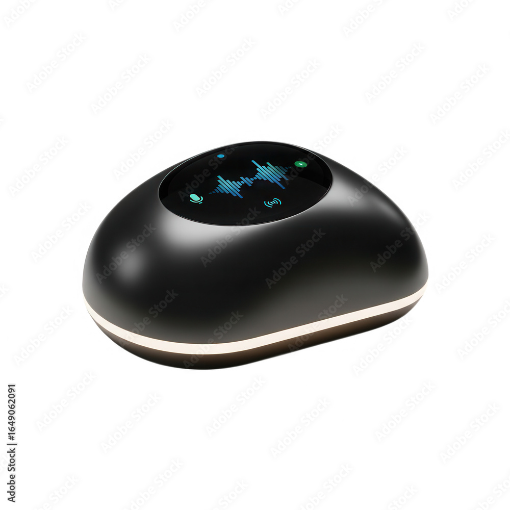 Poster sleek black futuristic device with illuminated base isolated on transparent background