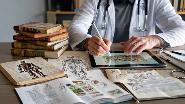 A medical illustrator sitting at a desk with a digital tablet, sketching detailed human anatomy with focus and precision.