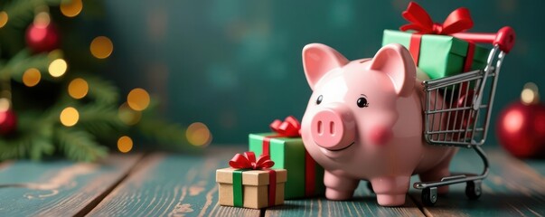 Christmas themed piggy bank next to full shopping cart with wrapped gifts , money, advertising