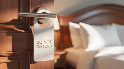 Hotel room door with a "Do Not Disturb" sign hanging on the handle, inviting relaxation