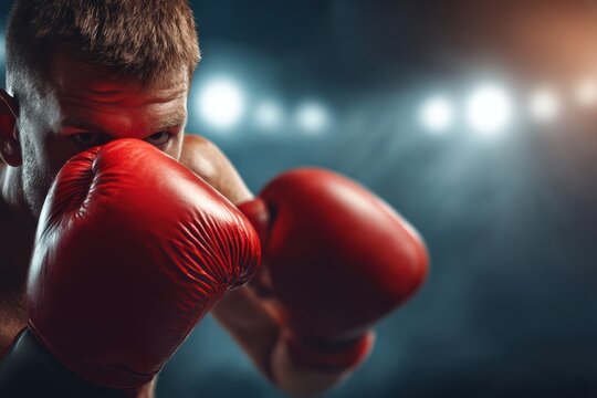 A focused boxer wearing red gloves stands in a defensive stance under bright arena lights, ready for a match - Powered by Adobe