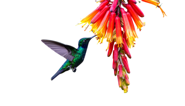 Hummingbird feeding on a tropical flower in slow motion isolated on transparent background.