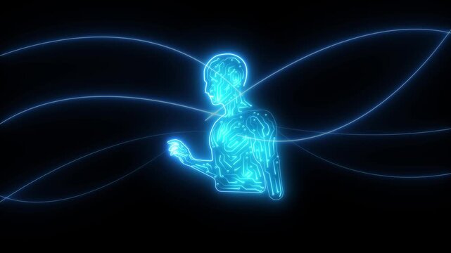 Futuristic digital AI human interface with neon circuit pattern on black background, glowing artificial intelligence face, cyber technology network design, virtual human brain interface