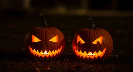 Two Glowing Jack O'Lanterns Carved for Halloween at Night