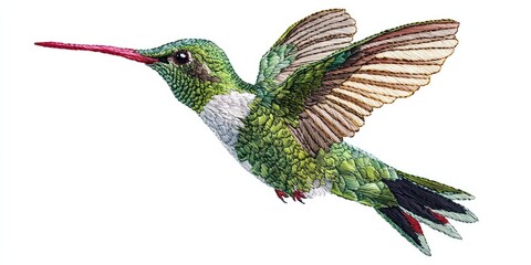 Obraz premium Floating embroidery design of bright green hummingbird in air, red detail on beak and tail Stock photo