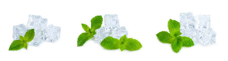 Mint and ice isolated on white background. Green fresh mint and ice cube. Mint leaves, ice cube and...