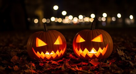 Two Glowing Jack O'Lanterns with a Spooky Halloween Night Backdrop