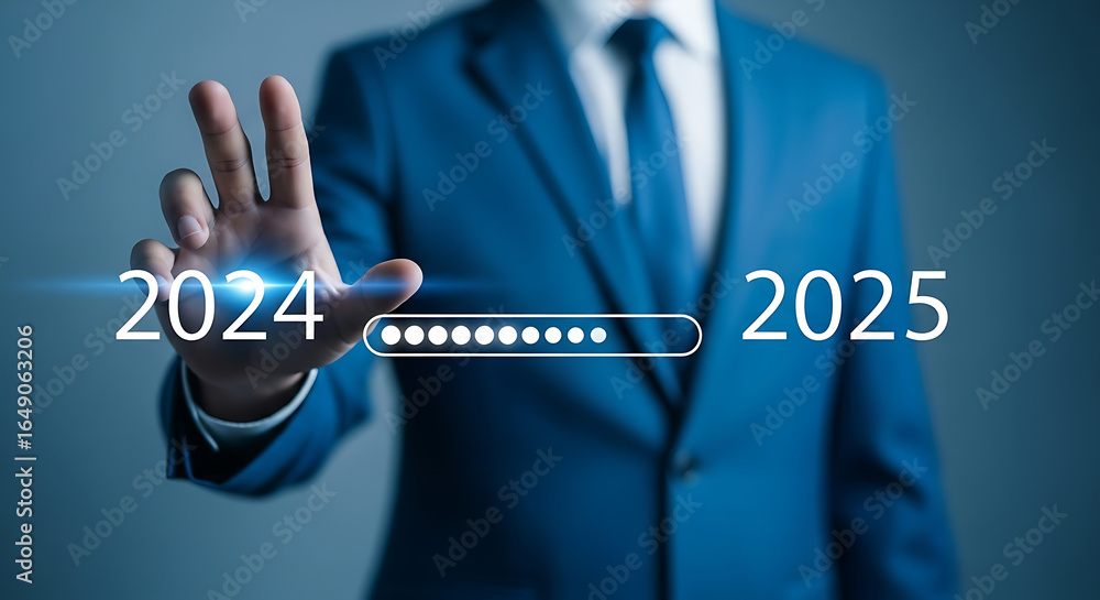 Aufkleber businessman touching a futuristic interface, showing a transition from 2024 to 2025 with a progress 